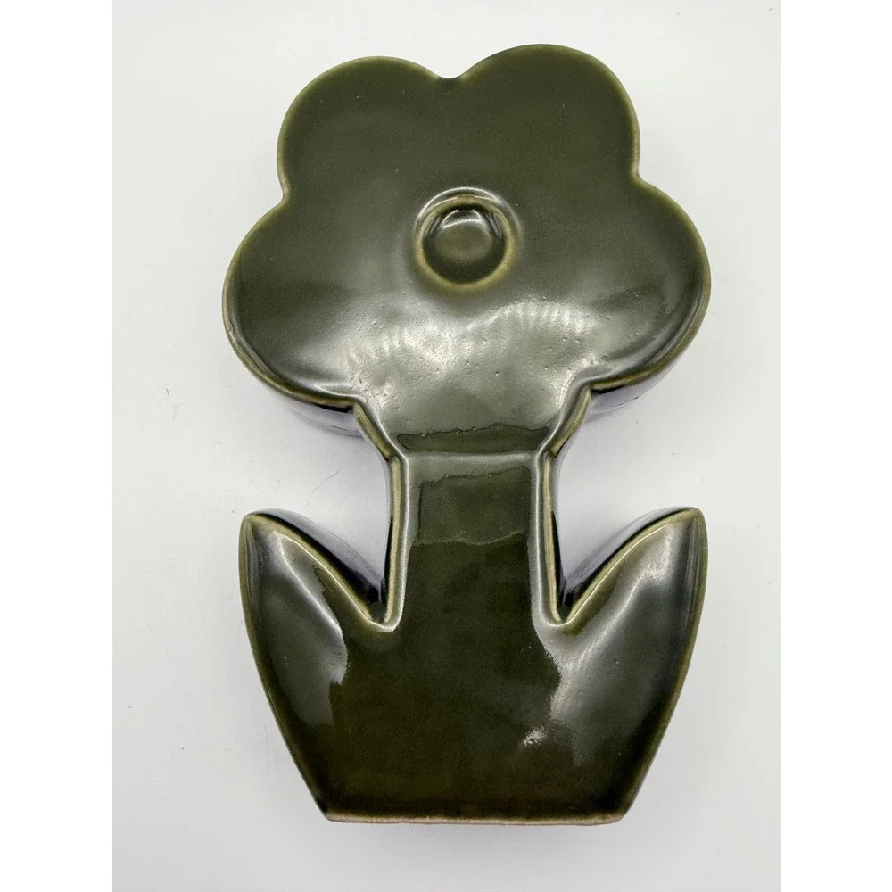 Olive Green Flower‎ Shaped Ceramic Vase MCM Style Decor 6.25